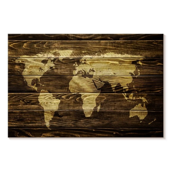 Elephant Stock Dark Wood World Map Wall Art - Horizontal Canvas Wall Art - Living Room Wall Decor - Map Canvas - Brown And Black Decor - 12" x 8"
