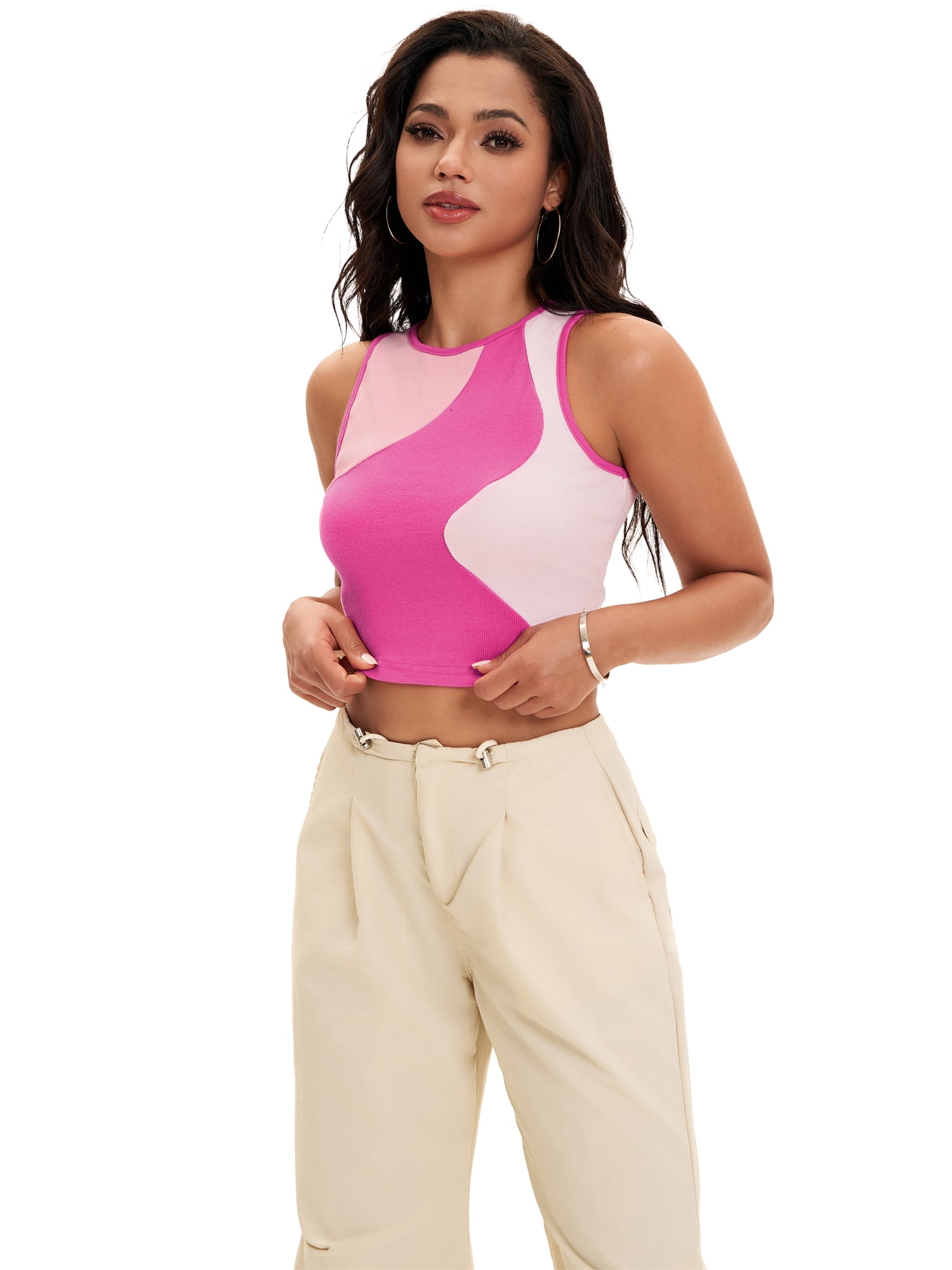 DARING DIVA Women's Color Block Ribbed Sleeveless Crop Tank Tops L Pink
