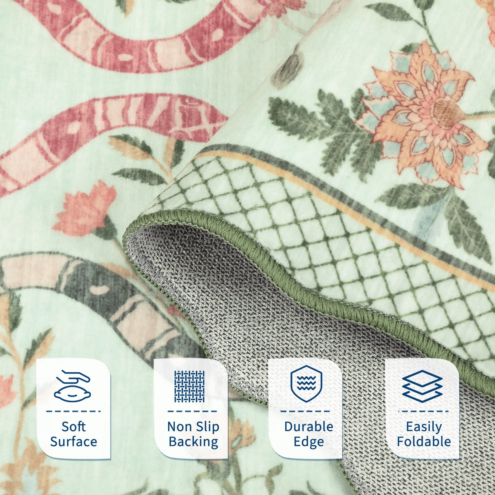 Hasoo Washable Living Room Area Rug 5x7 Modern Floral Snake Non-Slip Soft Low Pile Scalloped Indoor Green Carpet