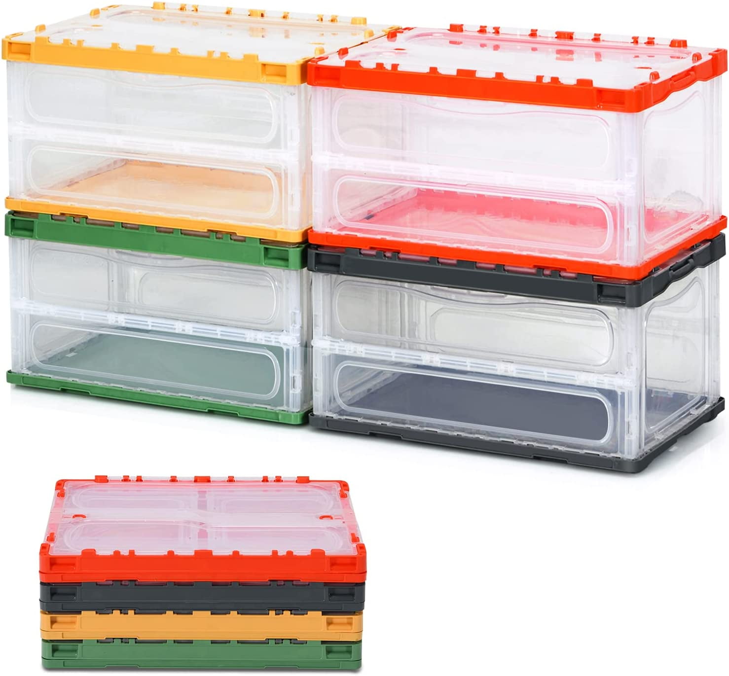 4 Pack Storage Bins with Lids, Clear Collapsible Storage Box w/ Large