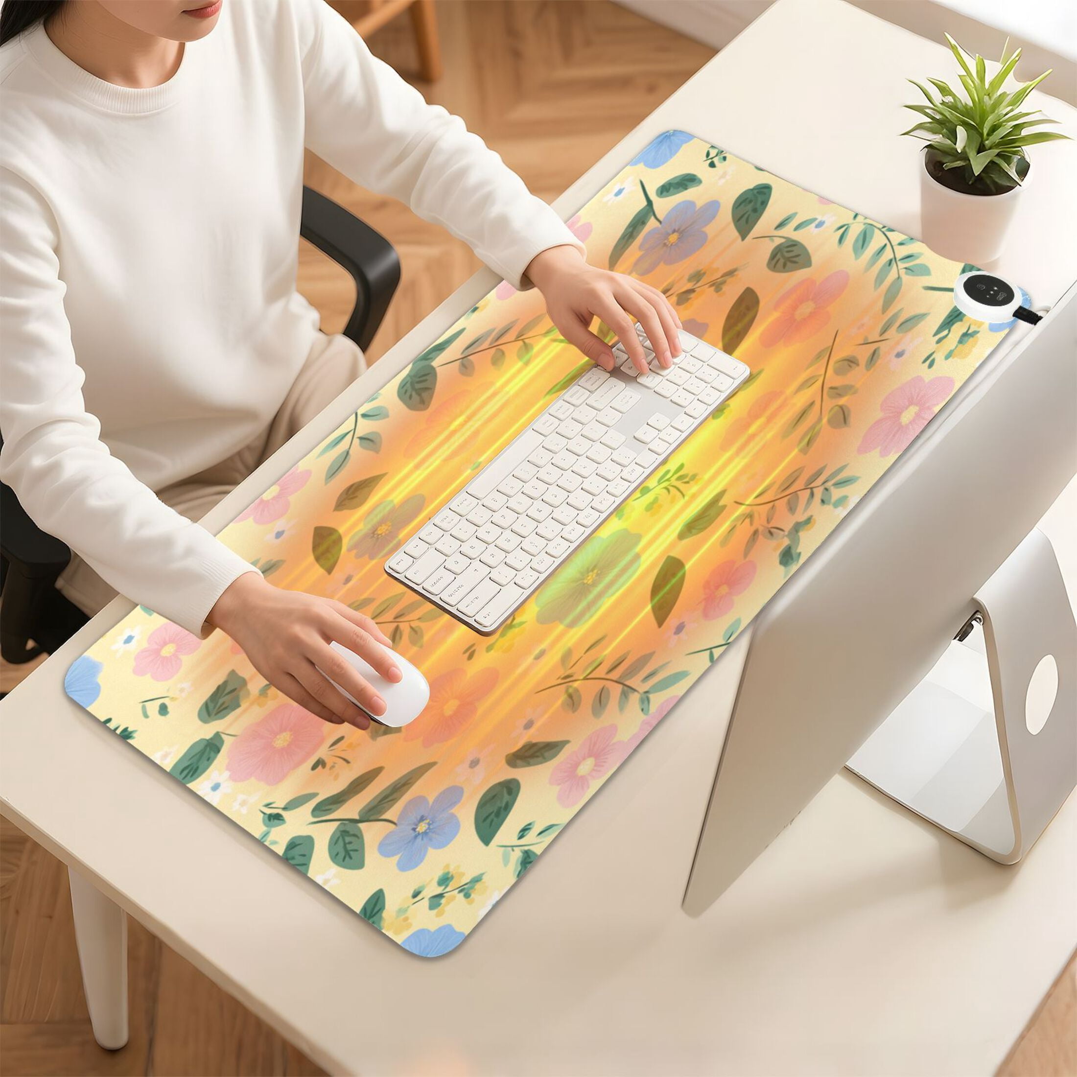 Large Heated Desk Mat Mouse Pad 31.5"x13"PU Leather Graphene Heating Desk Warmer with 3 Temperature Settings 110V US Plug Non-Slip Warm Pad for Home, Office, and Gaming Sweet Buttercup Floral Bloom