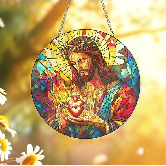 Sacred Heart of Jesus Religious Acrylic Suncatcher Catholic Christian Window Hanging, Faith Wall Art Ornament, Spiritual Gift of Devotion