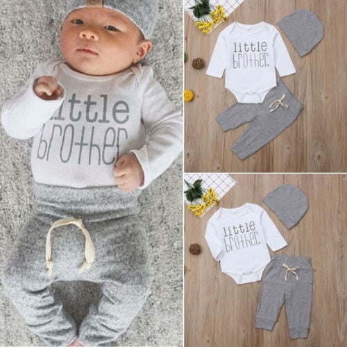 Infant Newborn Baby Boy Clothes Little Brother Print Romper Pants Legging Hat Outfits Set