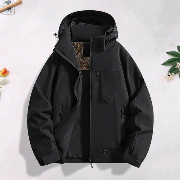 Donemore Men's Solid Color Hooded Zip-Up Multi-Pocket Windbreaker Jacket Long Sleeve Casual Outdoor Windproof Coat Fashionable Minimalist Versatile Men's Clothing