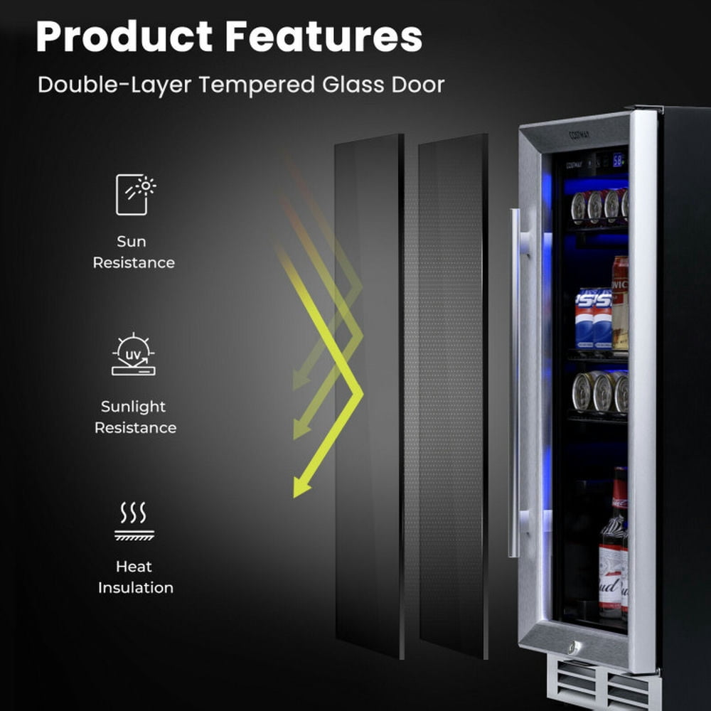 Topcobe 15 Inch 100 Can Built-in Freestanding Beverage Cooler Refrigerator with Adjustable Temperature and Shelf, Mini Fridge for Home Kitchen Offices Dorm-Silver