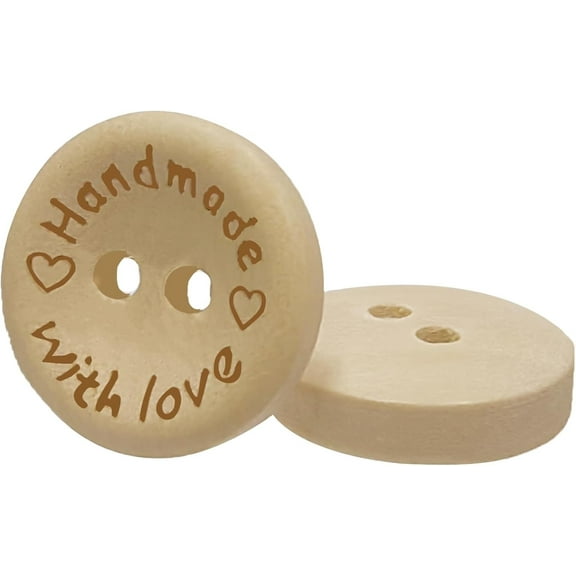 Supertina 100 piece Handmade with Love Wood Buttons for Sewing, Quilting, Crafts, Home Decor, DIY Projects, 15mm Dia