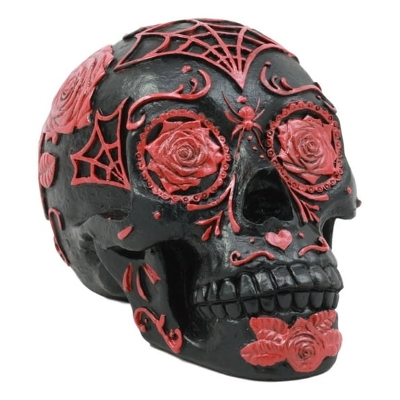 Ebros Day of The Dead Spider Web Floral Red Rose Skull Figurine DOD Floral Black Sugar Skull Statue 5"L