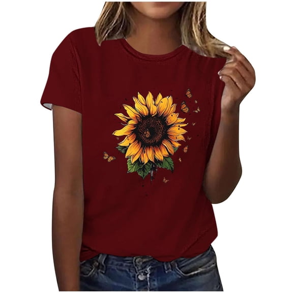 Sexlip Womens Sunflower Leopard Graphic Blouse Crew Neck Design Soft Fabric Relaxed Silhouette for Casual Outings Red XL
