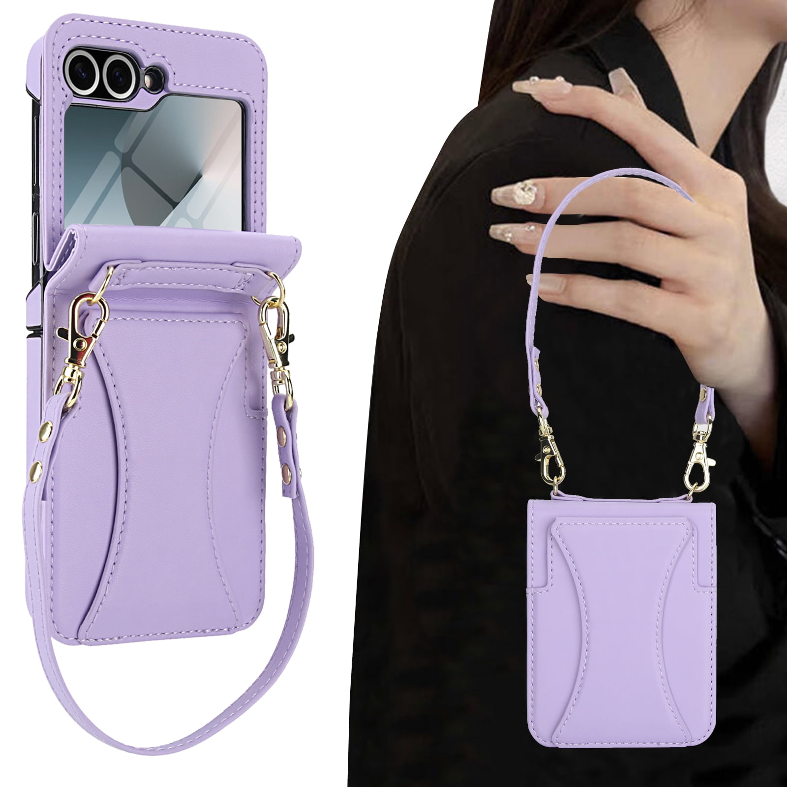 Crossbody For Samsung Galaxy Z Flip 7 Wallet Case with Hidden Kickstand, Credit Card Holder for Samsung Galaxy Z Flip 7 Case Built-in Screen Protector, Shoulder Strap & Lanyard Phone Case,Purple