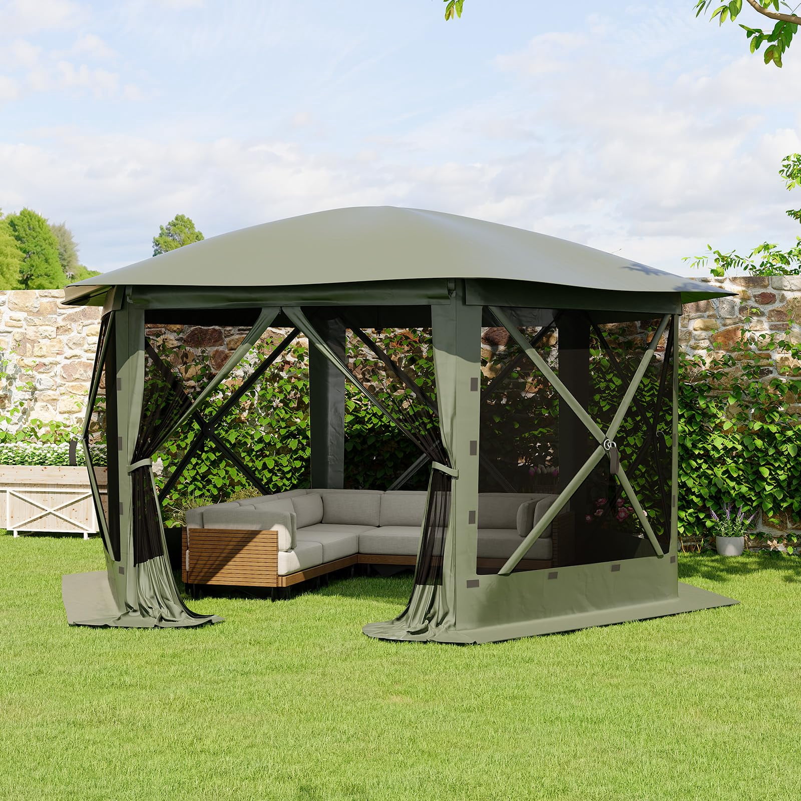 Memoryfield 11.5x11.5 FT Gazebo Pop Up Screen Tent, Quick-Set 6-Sided Outdoor Canopy with Removable Top, Bite-Proof Sun Shade for Camping, Backyard, Patio, Green