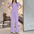 thumbnail image 5 of FengMoreActive Women's 2PC Pajamas Set V-Neck Tshirt And Wide Leg Pants Loose Sleepwear Suits Solid Color Casual Pajamas Sets, 5 of 5