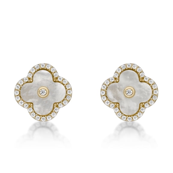 Yellow Gold Plated 925 Sterling Silver Flower Stud Earrings With Mother of Pearl