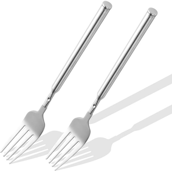 【2 PCS】Extendable Fork for Jokes, Expandable Forks, Stainless Steel Telescopic Fork Set – Extends from 8.7" to 25.4", Silver Retractable Dining & Camping Prank Tool