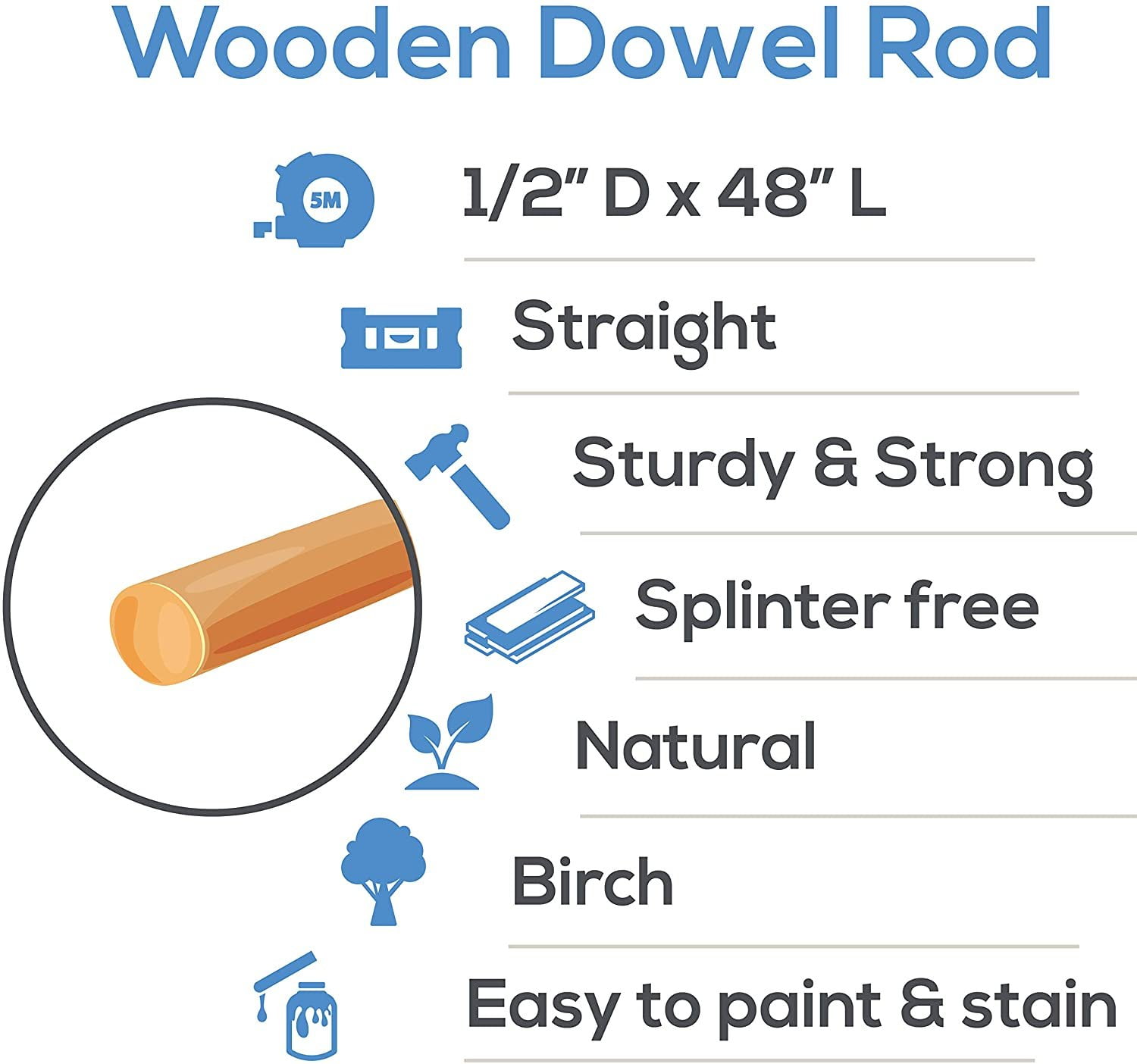 Woodpeckers Dowel Rods Wood Sticks Wooden Dowel Rods - 1/2 x 48 Inch Unfinished Hardwood Sticks - for Crafts and DIYers - 25 Pieces