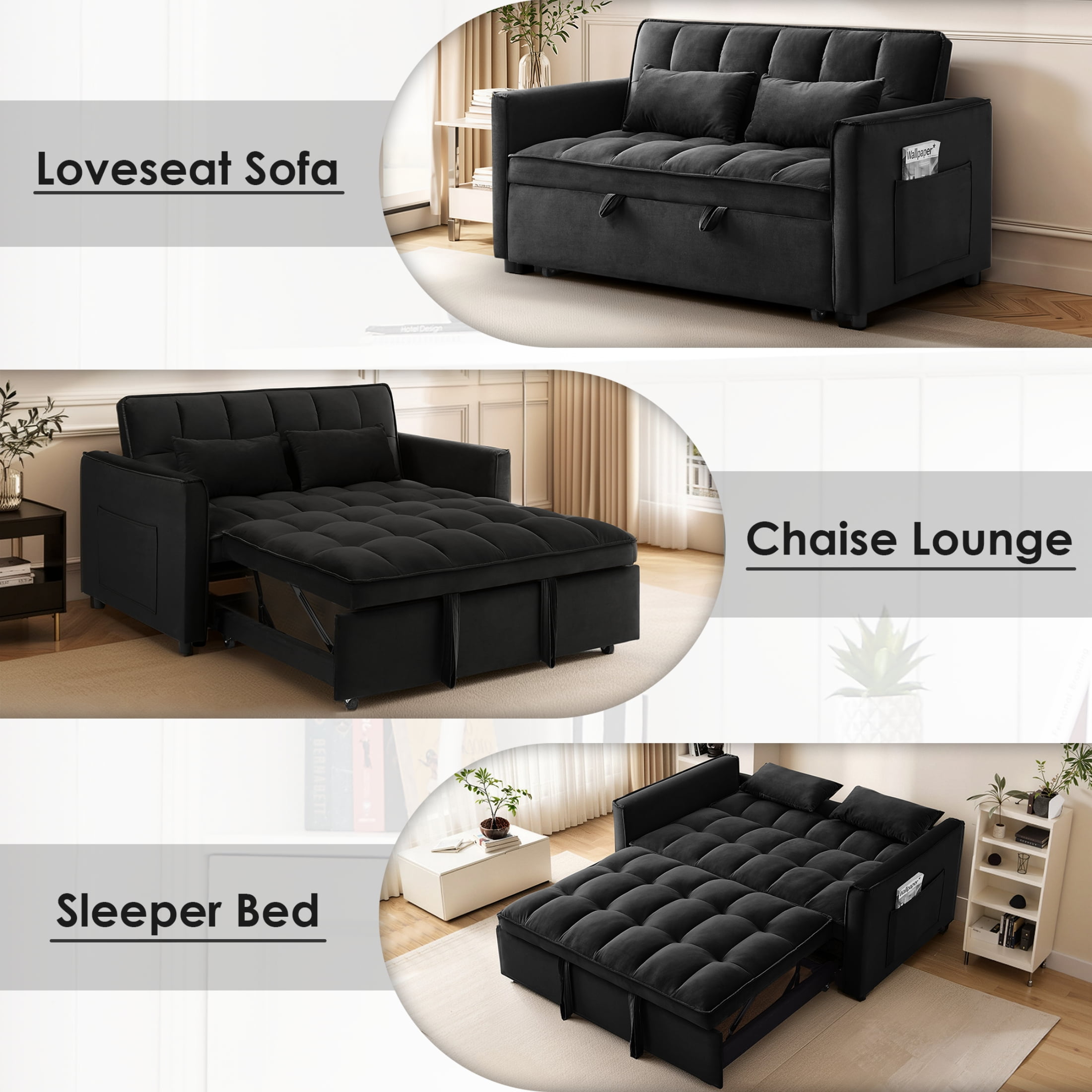 Anpport 3-in-1 Convertible Sleeper Sofa Bed, Pull-Out Loveseat Couch with Adjustable Back, Velvet Fabric, 55", Black