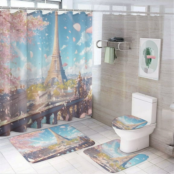 Blossoming Paris Eiffel Tower 4Pcs Shower Curtain Set Shower Curtain Set with Carpet Bath Mat