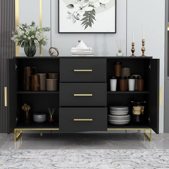 KULAGAGA Buffet Cabinet with 3 Drawers, 2 Door Storage Sideboard for Living Room Kitchen Black