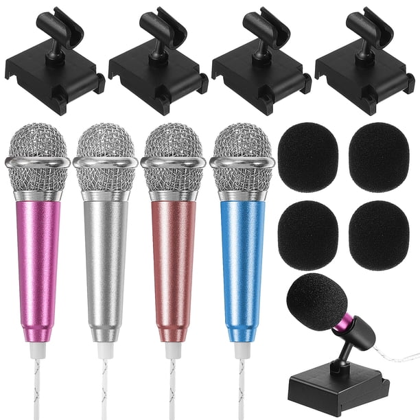 4 juegos de mini micrófonos para cantar con fundas de esponja y soportes compatibles con teléfonos y portátiles.