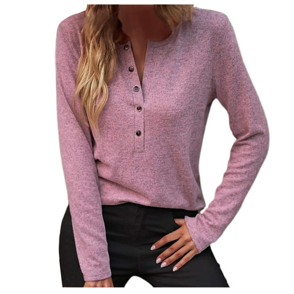 JGGSPWM Womens Shirts Going Out Casual Blouse Adorable V Neck Solid Henley Long Sleeve Pullover Tops Pink XL