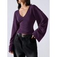 thumbnail image 4 of Women's Slimming Dark Purple V-Neck Pullover Batwing Sleeve Stretchy Long Sleeve Top for Fall Date Night Office Commute Layering, 4 of 8
