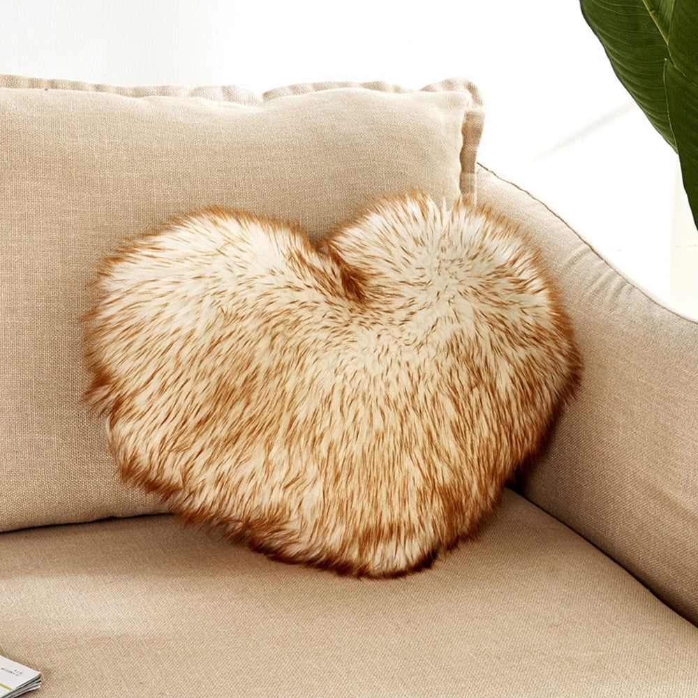 Solid Heart Pillow Faux Wool Fur Fluffy Warm Throw Pillow Sofa Bed Cushions Cosy 