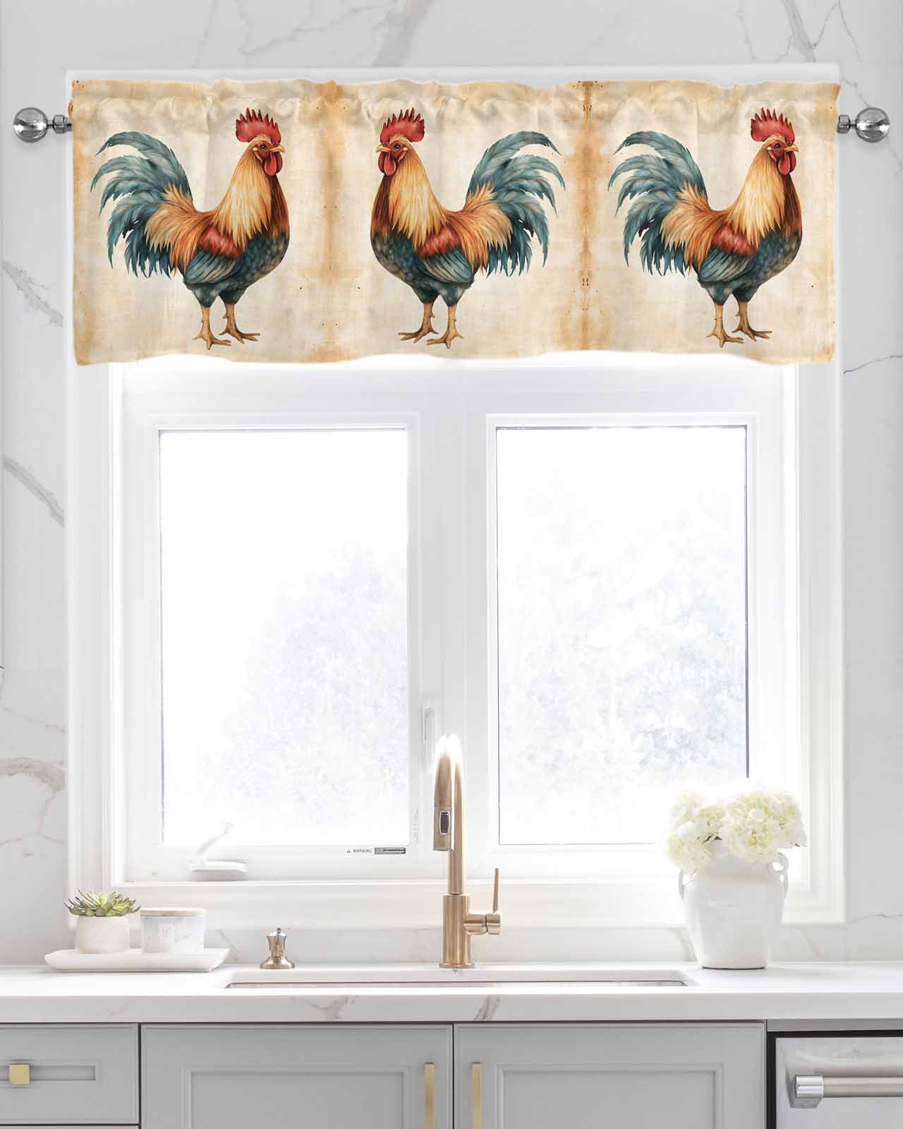 Farmhouse Rooster Kitchen Valances for Windows Farmhouse Linen Window Valance Curtain for Living Room Window Treatment Vintage Country Animals Print Valance Rod Pocket Topper Drape, 60 x 18 Inch