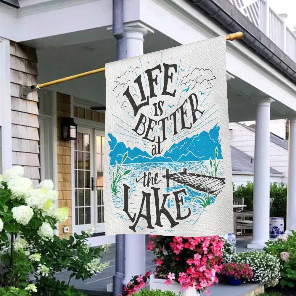 Life is Better At the Lake House Flag 28 x 40 Inch Large Vertical Double Sided Lake House Lakeside Living Cottage Vintage Seasonal Outside Décor for Garden Yard Farmhouse Flags