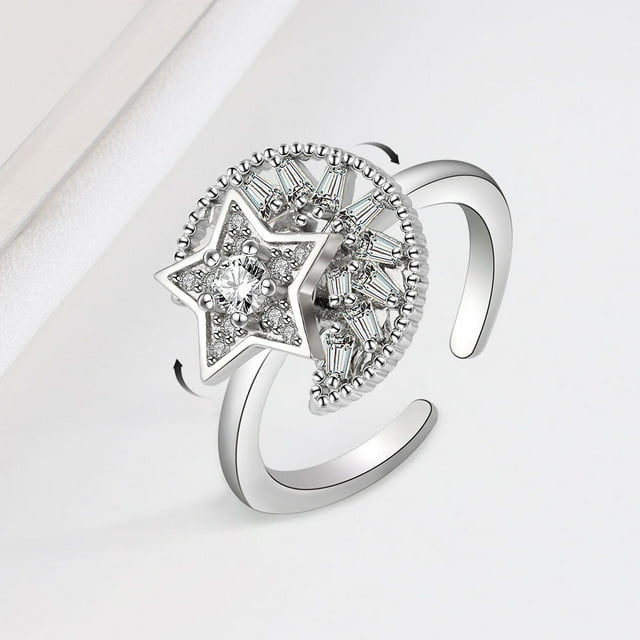 HONEYRAIN Shinny Moon and Star Anxiety Rings for Women Fidget Spinner Rings Sterling Silver Rotating Open Ring Real 925 Silver rings 1 Psc