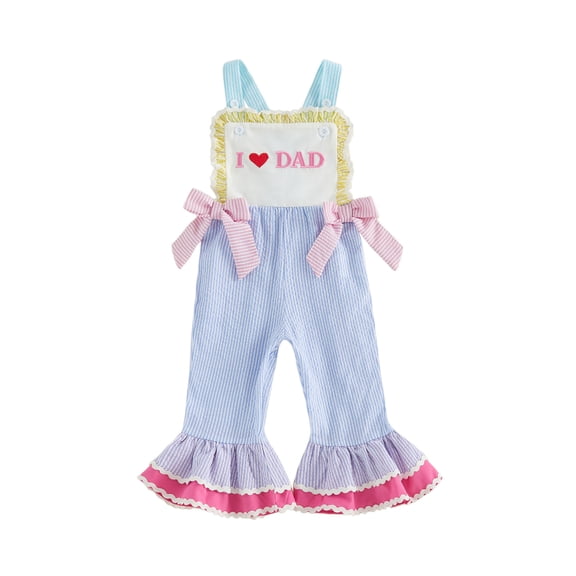 BemeyourBBs Toddler Baby Girls Summer Clothes Infant Baby Girl Fathers Day Outfit Romper Overalls Sleeveless I Love Dad Letter Heart Embroidery Stripe One Piece Jumpsuit Overalls Bell Bottom