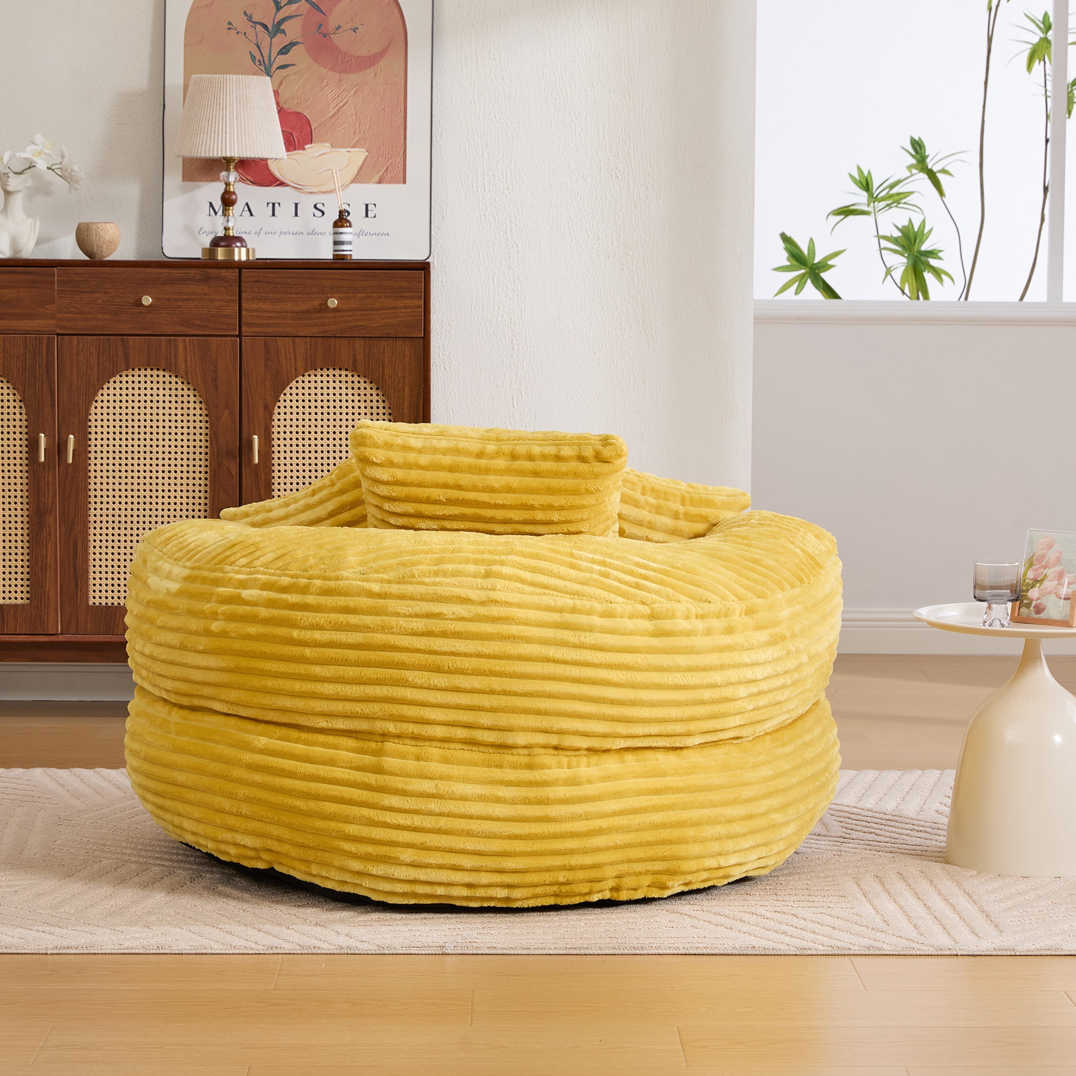 Noble House Corduroy Bean Bag Chair with Memory Foam, Armrests and 3 Pillows, Mustard Yellow