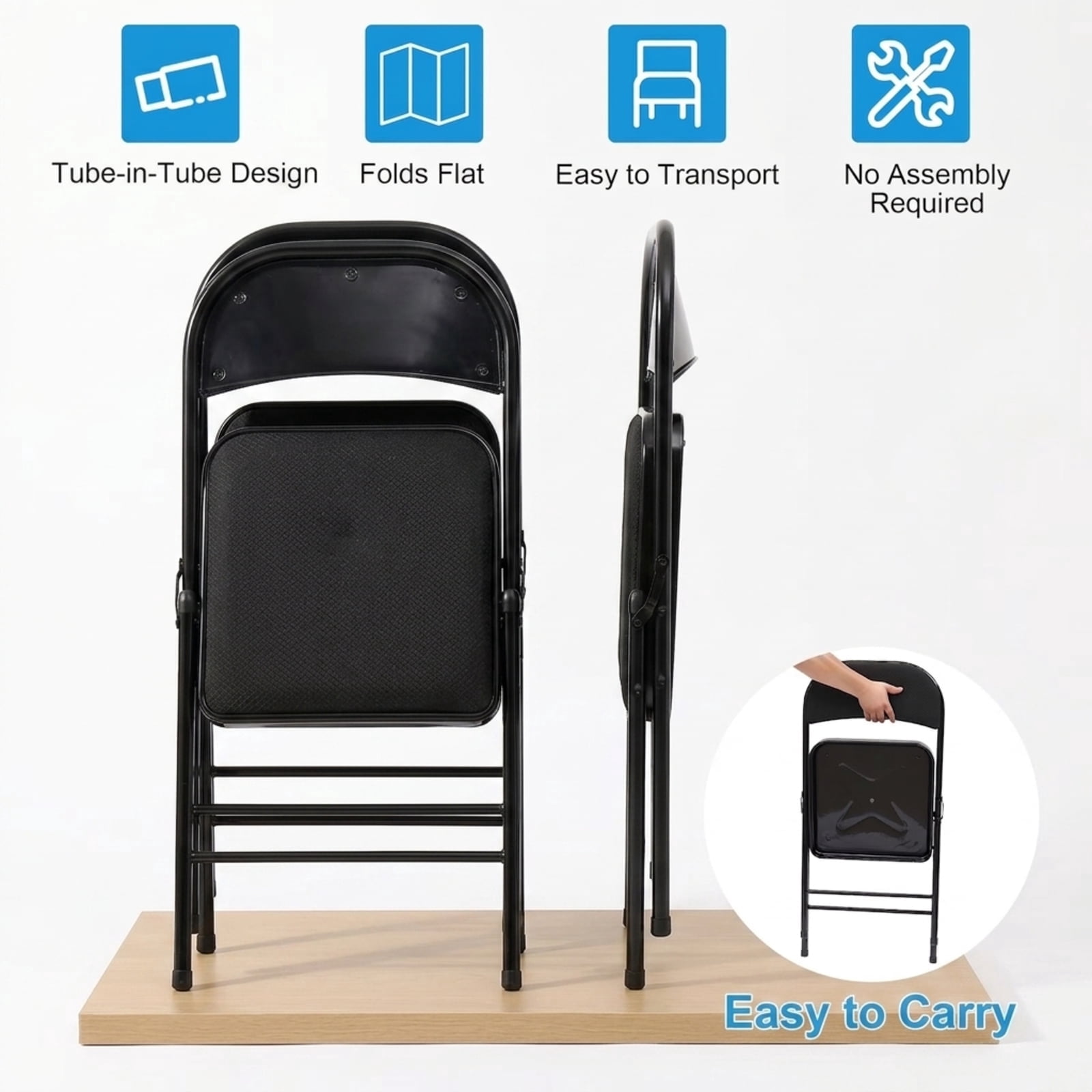 Fenbeli Fabric Padded Folding Chairs Set of 6, Black Portable Foldable Dining Chairs with Steel Frame, Space-Saving Seating for Home Office Events