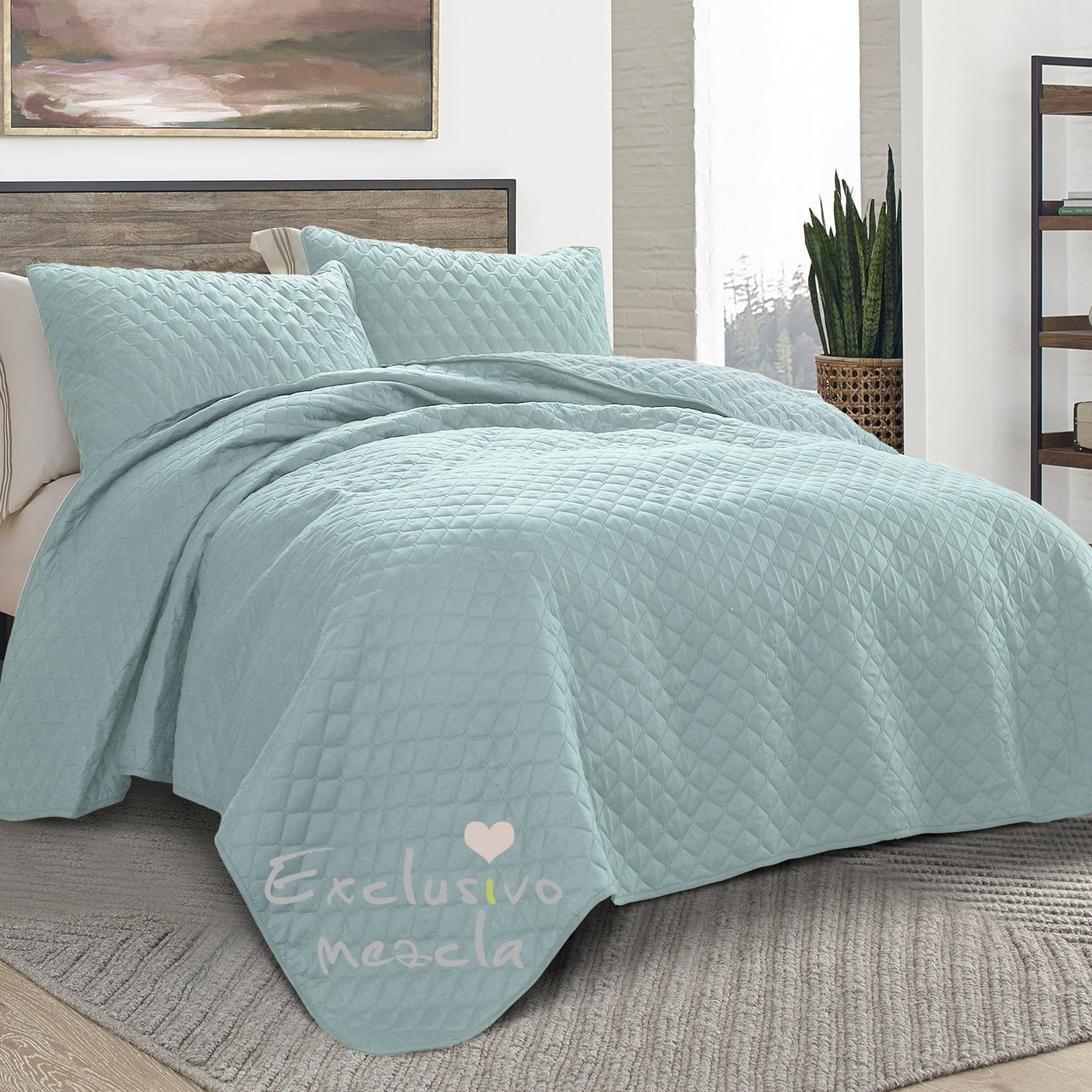 Exclusivo Mezcla Queen Quilt Set, 3-Piece Lightweight Queen Quilts Soft Bedspreads Bed Coverlets, Aqua Blue, 90"x96"