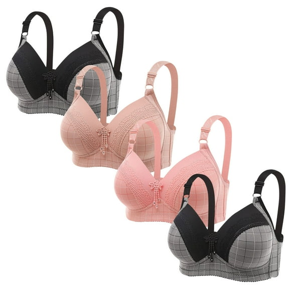 WREESH 4 Pack Push-Up Bra Women Plus Size Lace Solid Color No Underwire Bras Wireless Bras Buckle Underwear Bra Adaptive Bra Underwear Black