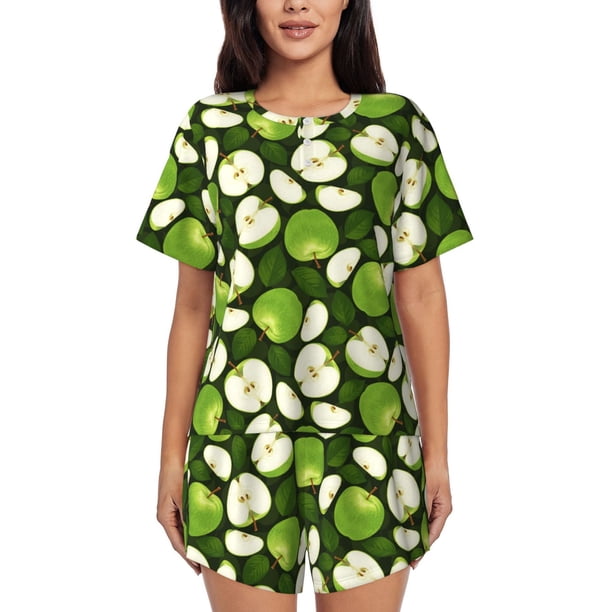 Fotbe Green Fruit Conjunto de Pijama Estampado para Mujer, 2 Piezas, Ropa de Dormir con Camiseta de Manga Corta y Shorts Suaves-Large
