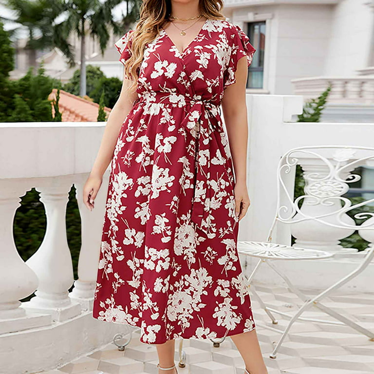Auroural Summer Maxi Dress for Women Casual Plus Size Floral Print Dress  Cotton Linen Crewneck Irregular Hem Loose Long Dress Red at  Women's  Clothing store