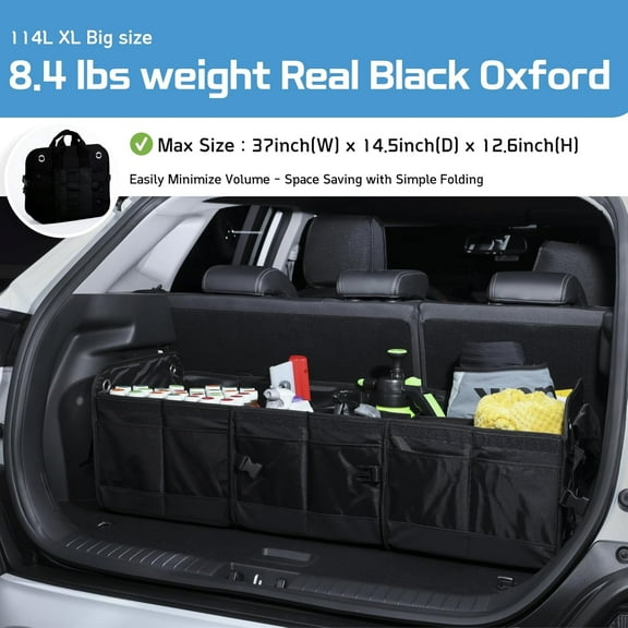 Extra Large Car Trunk Organizer with Lid, Premium Black Oxford Heavy-Duty Storage for SUV, Van, Truck, Sedan & Jeep, Adjustable & Collapsible, Space-Saving Car Organizer