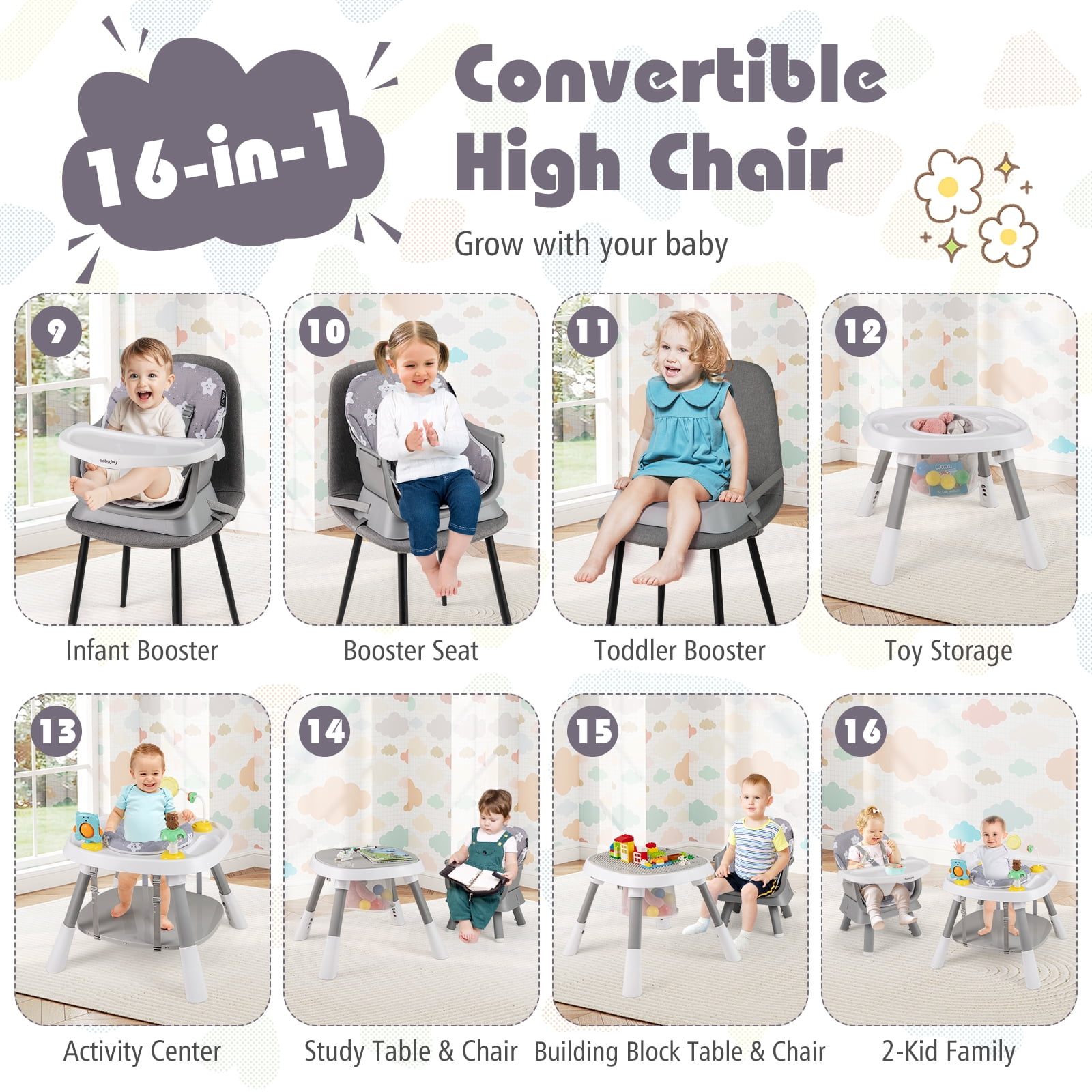 Babyjoy 16-in-1 Baby High Chair with Activity Center Booster Seat Building Block Table Gray