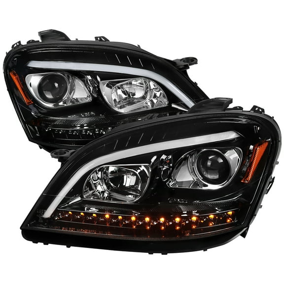LED Bar Projector Headlights w/ Sequential Turn Signal Lights (Glass Black Housing/Clear Lens) Made for and Compatible with 2006-2008 Mercedes Benz W164 ML Class
