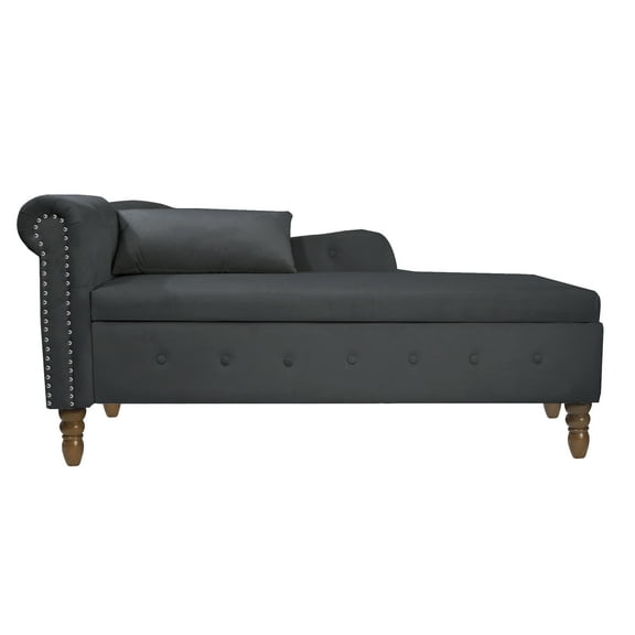 Navy Blue Velvet Chaise Lounge Chair for Living Room & Bedroom: 58" Indoor Upholstered Rolled Arm Sofa with Storage, Pillow & Nailhead Trim - Modern Chesterfield Seating
