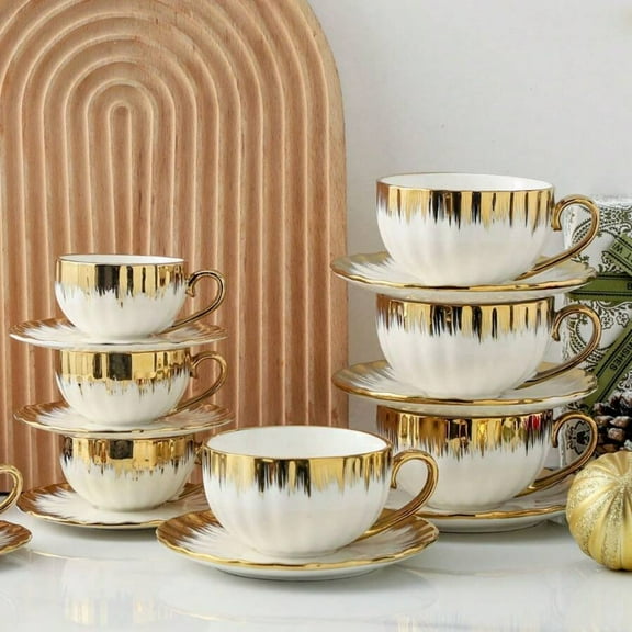 REZJSWFSMMJ Cappuccino Cups With Saucers, Ceramic Coffee Cup With Gold Trim, 3/8 Oz For Double Espresso, Latte, Cafe Mocha, Tea,Set Of 6
