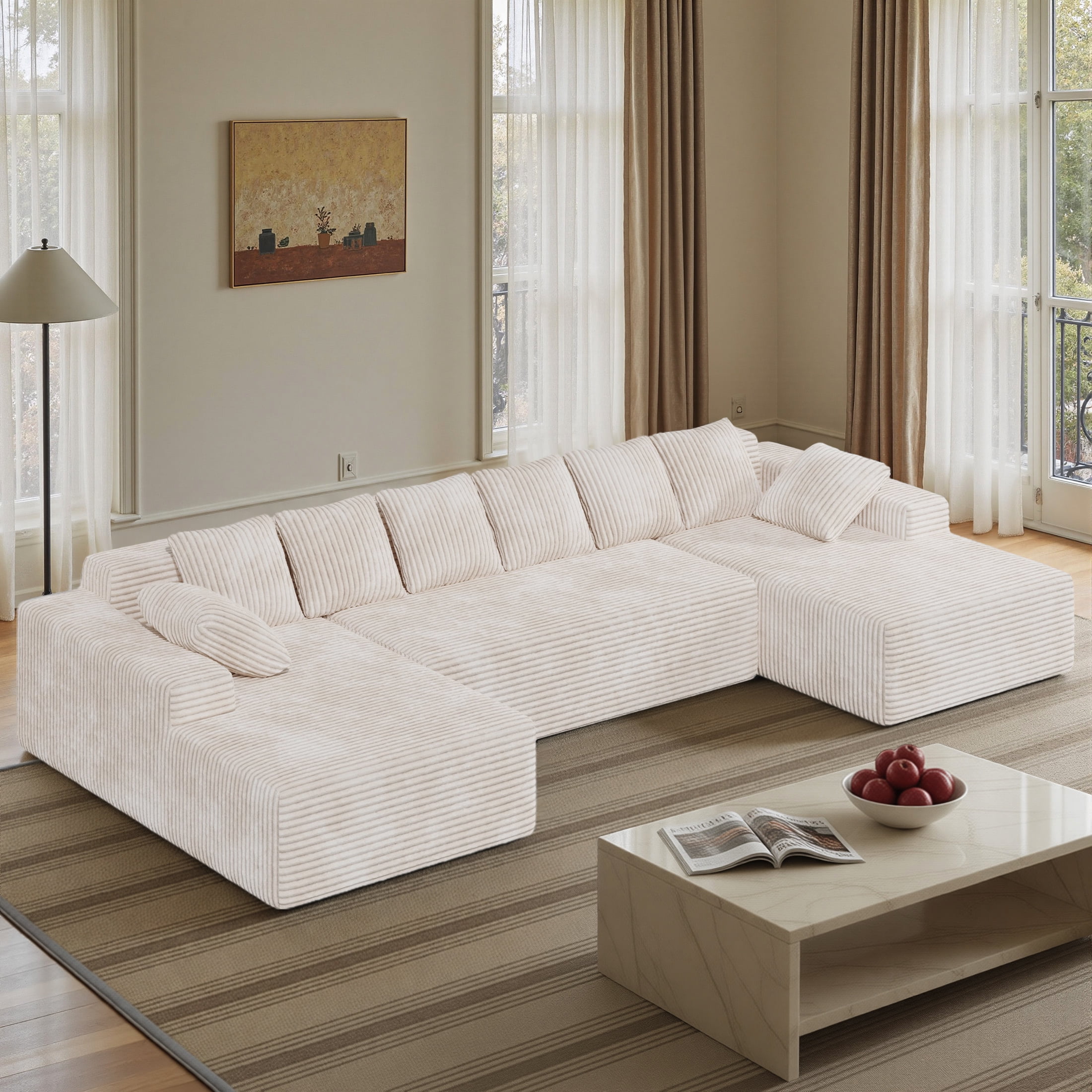 Daluvenix 131'' Modular Sectional Couch Modern U-Shaped Floor Sofa with Double Chaise Lounge Free Combination Luxury Couches for Living Room Beige