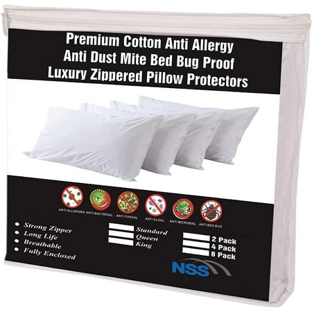 

4 Pack Pillow Protectors Queen 20x30 Inches Lab Certified Anti Allergy Ultra Treated 100% Cotton Non Crinkle Quiet Breathable Zipper Covers Cases White