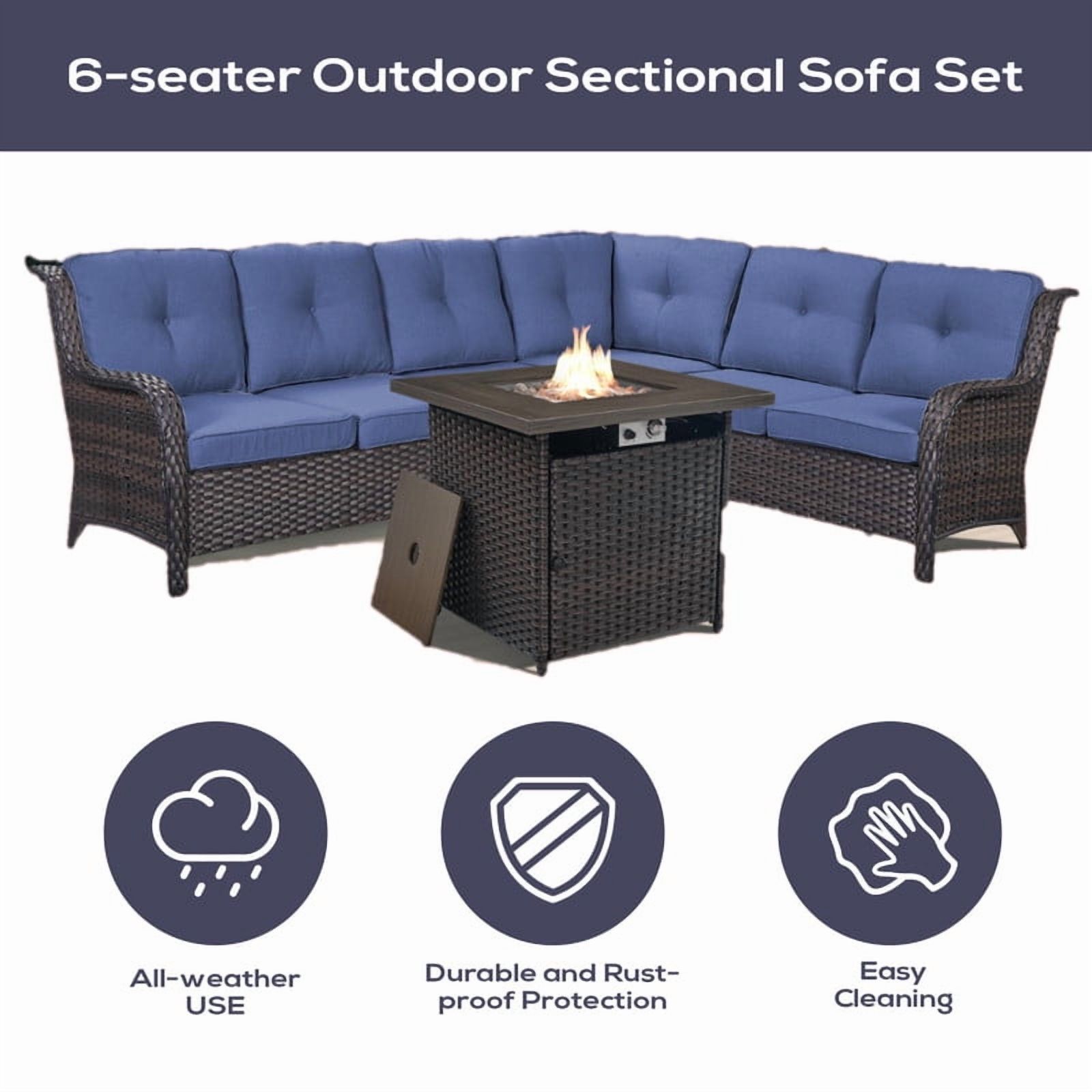PARKWELL Outdoor Patio Furniture Set with Fire Pit Table,All-Weather Conversation L-Shaped Sectional Sofa with No-slip Thick Cushions,Backyard Porch Garden Poolside Balcony Set,Brown/Navy