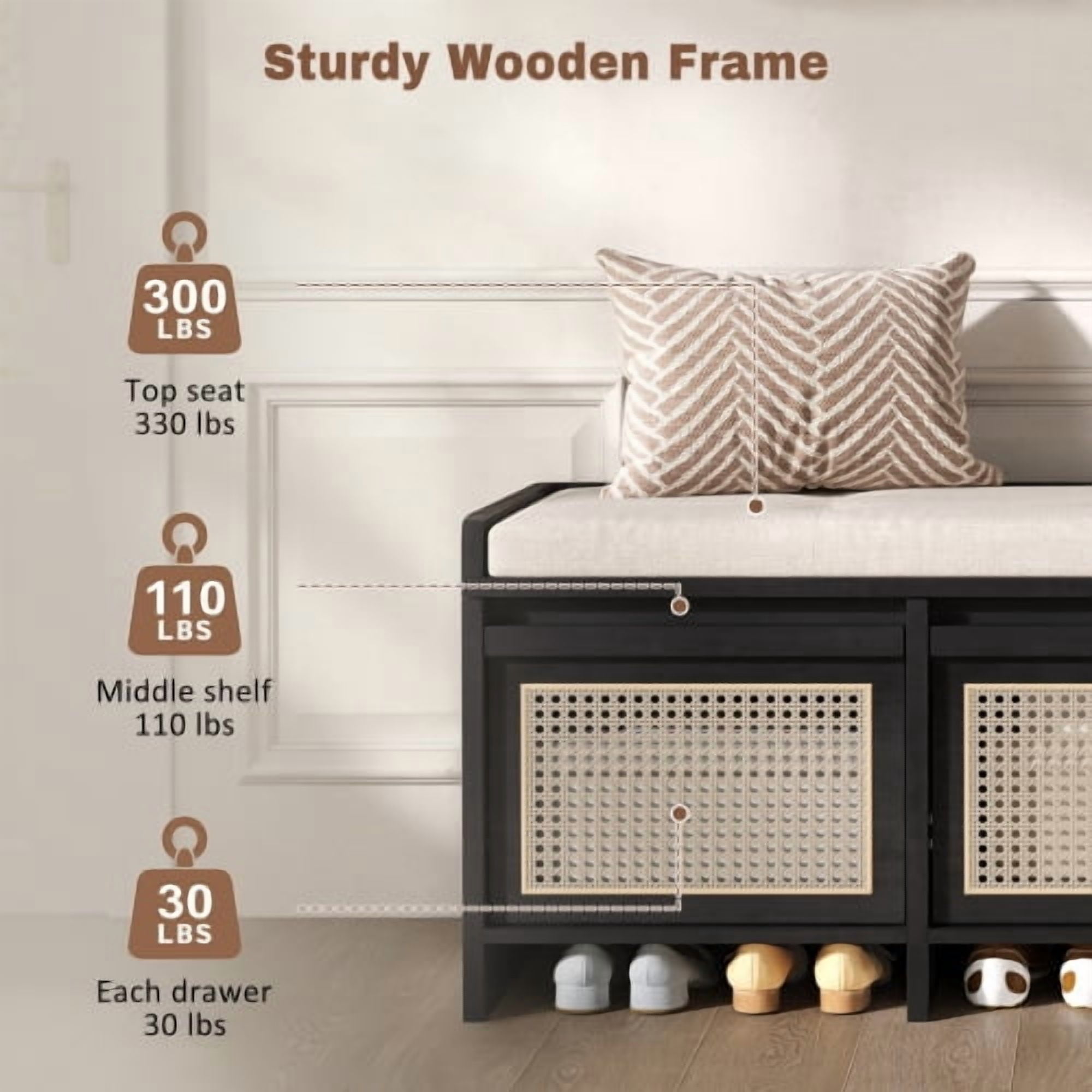 48" Retro Entryway Shoe Storage Bench with Rattan Drawers & Removable Button-Tufted Cushion, Black