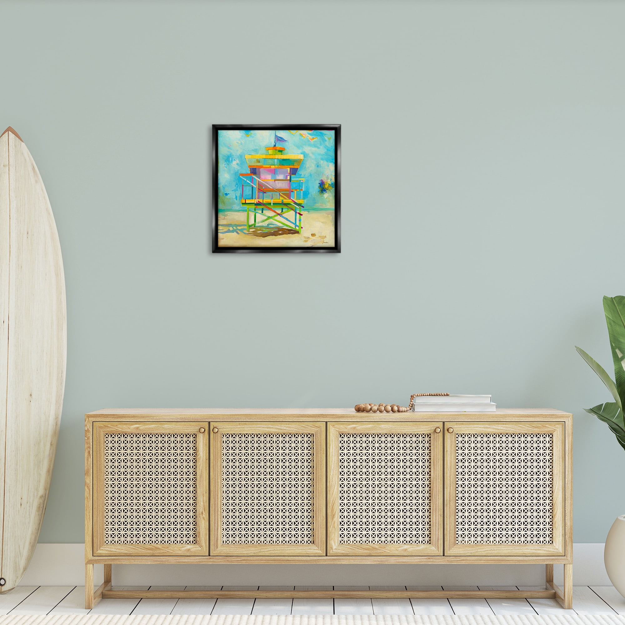 Stupell Industries Modern Lifeguard Hut Abstract Painting Black Floater Framed Canvas Art Print Wall Art, 25 x 25