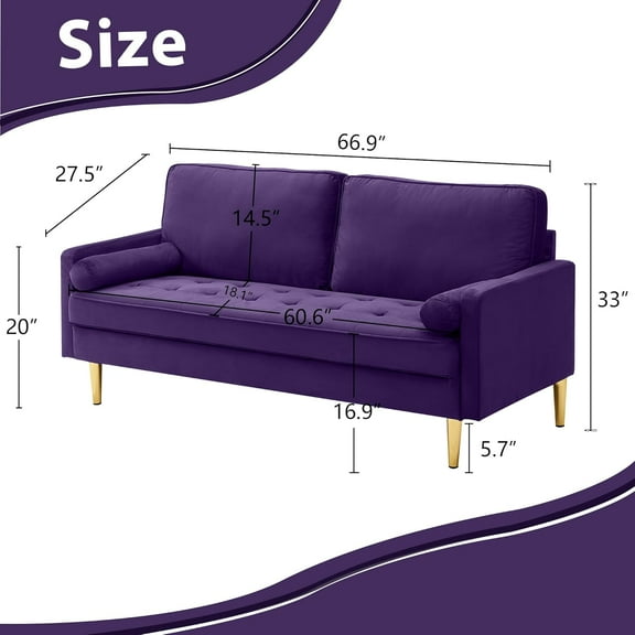 67" Modern Velvet Loveseat Sofa Couch with High-Density Sponge, Lumbar Support, Sturdy Golden Legs & Easy Maintenance, Purple