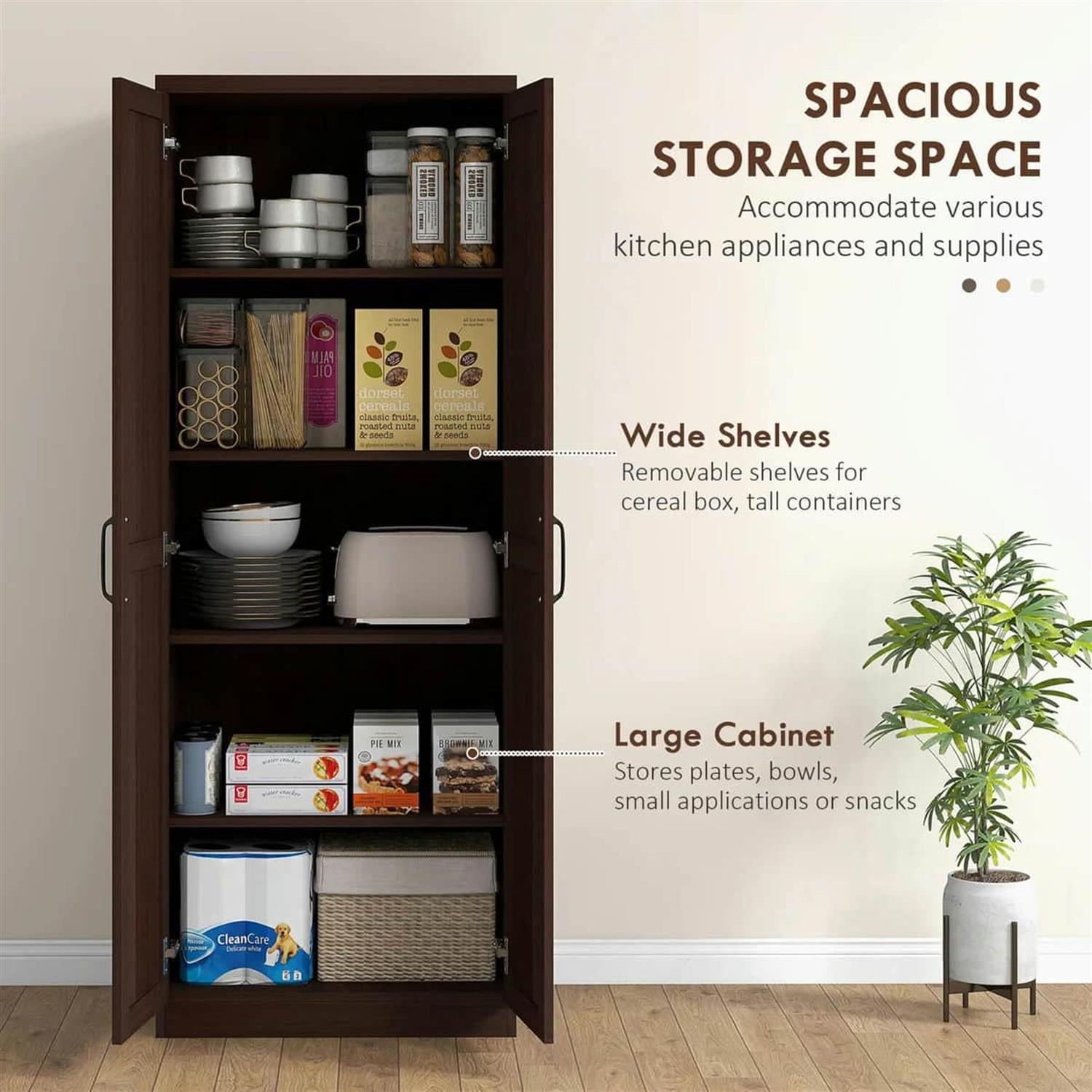 Demi Bonn 62" Large 2-Door Pantry Cabinet, Freestanding Storage Unit with 2 Adjustable Shelves for Dining Room, Spacious Kitchen Organization, Brown