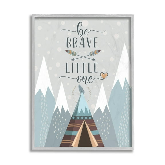 Stupell Industries Brave Little One Phrase Snow Mountain Range Teepee Art for Kids Painting Gray Framed Art Print Wall Art, 11 x 14