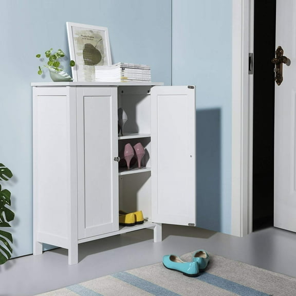 FCH Bathroom Floor Cabinet, Free Standing Side Cabinet Storage Organizer with Double Doors and Adjustable Shelf White