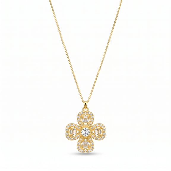 AlKhalil - Elegant - Floral Pendant Necklace with Sparkling Cubic Zirconia Accents, Four-Petal Design, Adjustable Chain for Women – Luxury Gift Jewelry